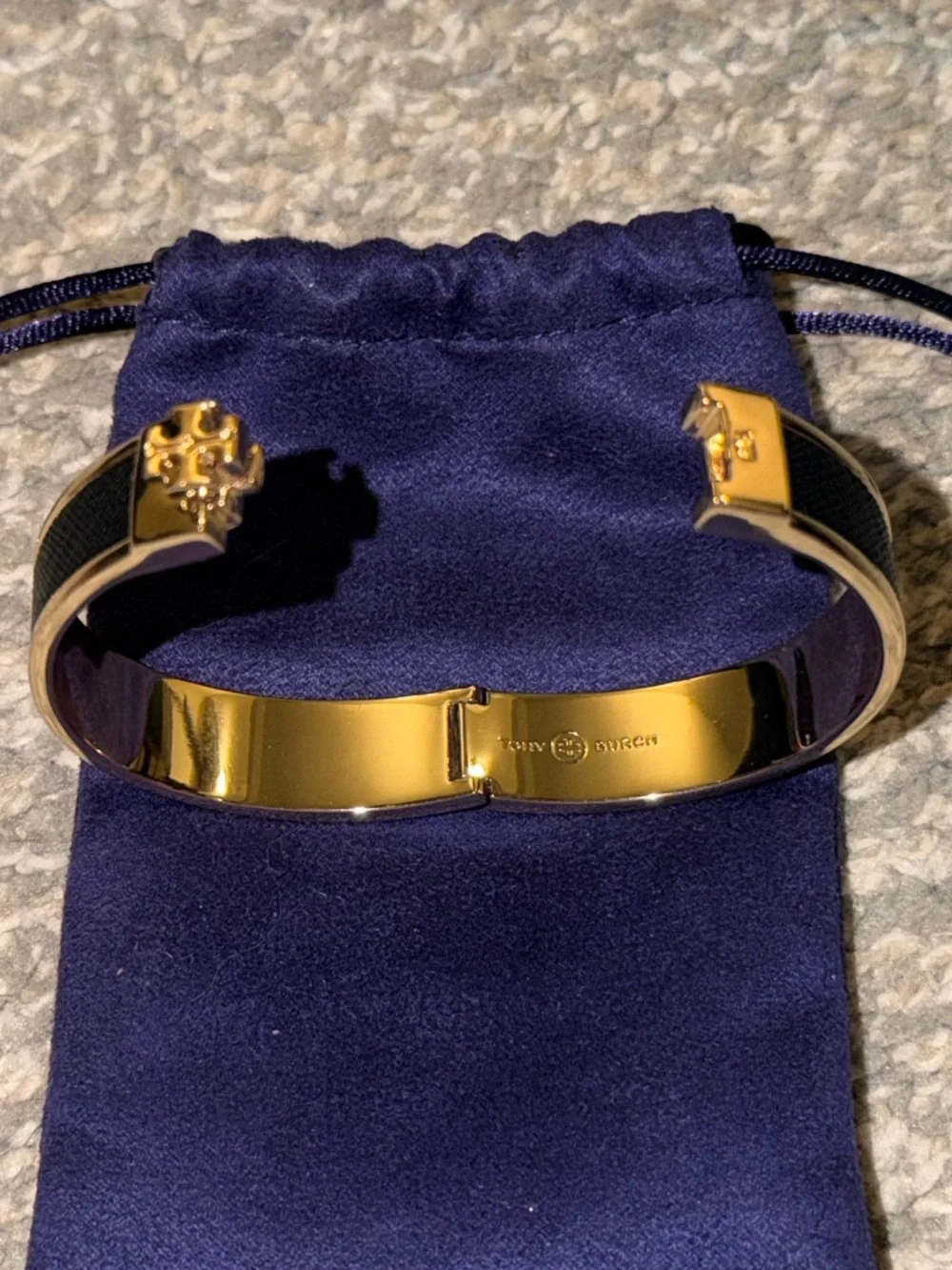 TORY BURCH Gold & Black Enamel Leather Hinged Bangle with Signature 3D Gold Logo